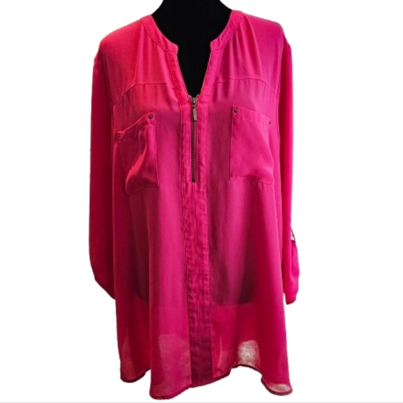 Maurices Hot Pink Zipper Blouse with Roll-Tab sleeves - Picture 1 of 7